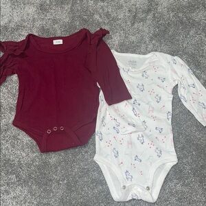 3-6mo Kids Unicorn Print and Burgundy Long Sleeve One Piece Set